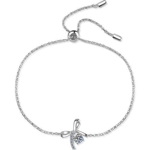 Bow Moissanite Adjustable Bracelet with CZ in Rhodium-Plated S925 sterling silver white background product photo showing bracelet shape and moissanite setting