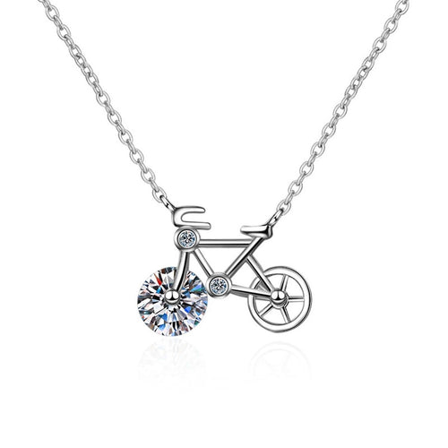 Bicycle Moissanite Pendant Necklace with CZ in Rhodium-Plated S925 sterling silver on white background showing pendant shape and round moissanite