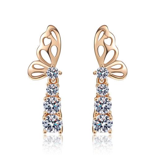 Butterfly Moissanite Stud Drop Earrings in Champion Gold-Plated S925 sterling silver white background product photo showing the pair, stone shape, and stud earrings silhouette