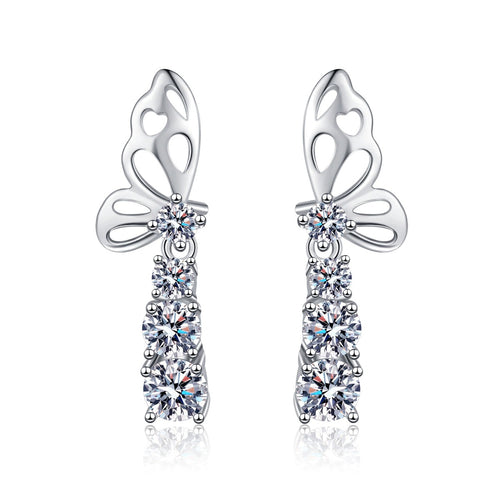 Butterfly Moissanite Stud Drop Earrings in Rhodium-Plated S925 sterling silver white background product photo showing the pair, stone shape, and stud earrings silhouette