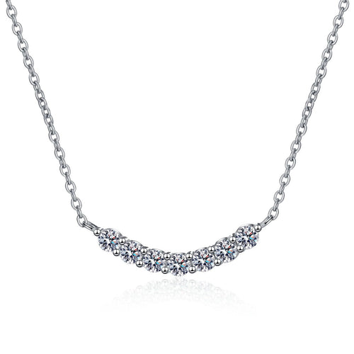 Curved Moissanite Bar Necklace in Rhodium-Plated S925 sterling silver white background product photo showing curved pave-style bar necklace with round moissanite stones