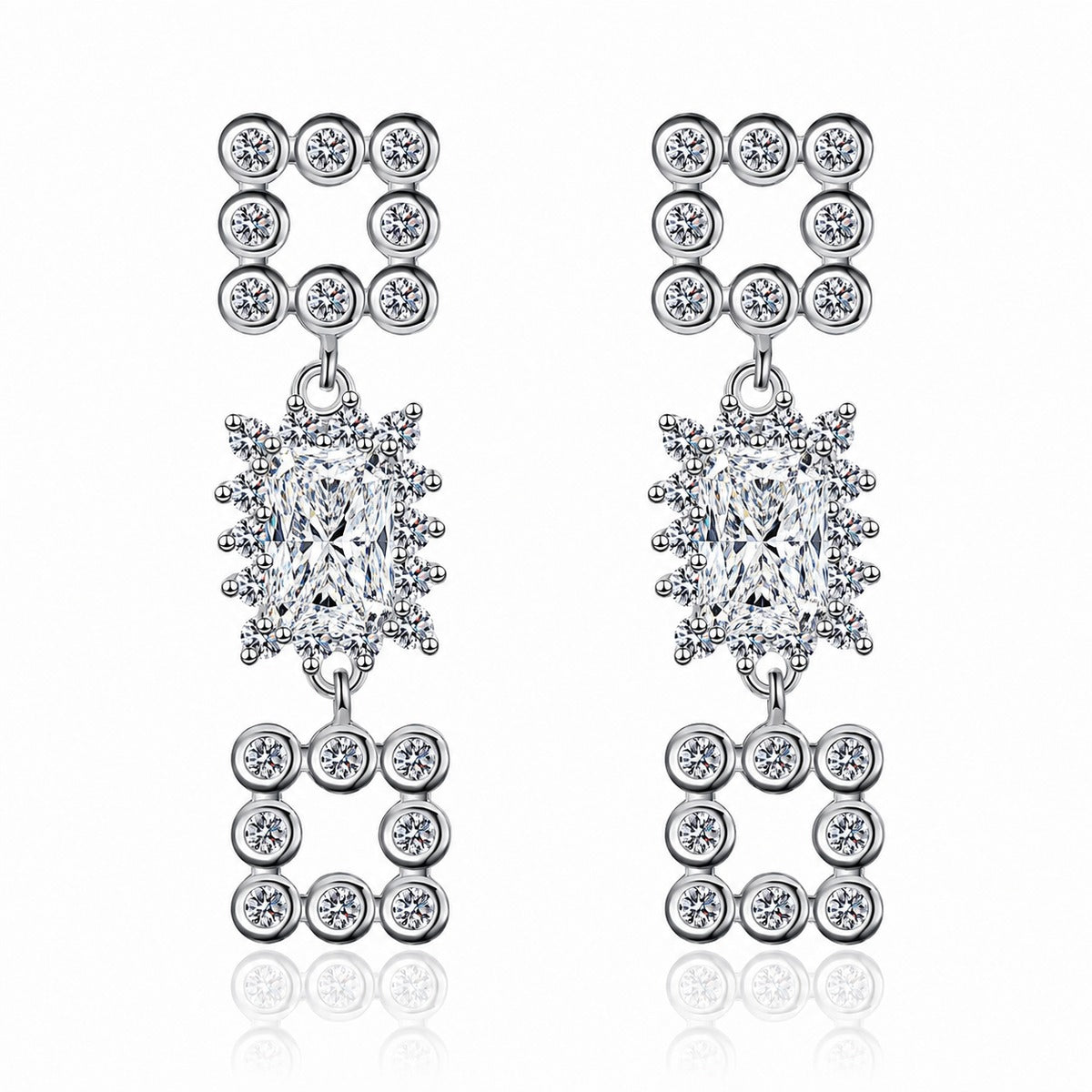 Emerald and Radiant Cut Moissanite Stud Dangle Earrings with CZ in Rhodium-Plated S925 sterling silver white background product photo showing the pair, stone shape, and stud dangle earrings silhouette