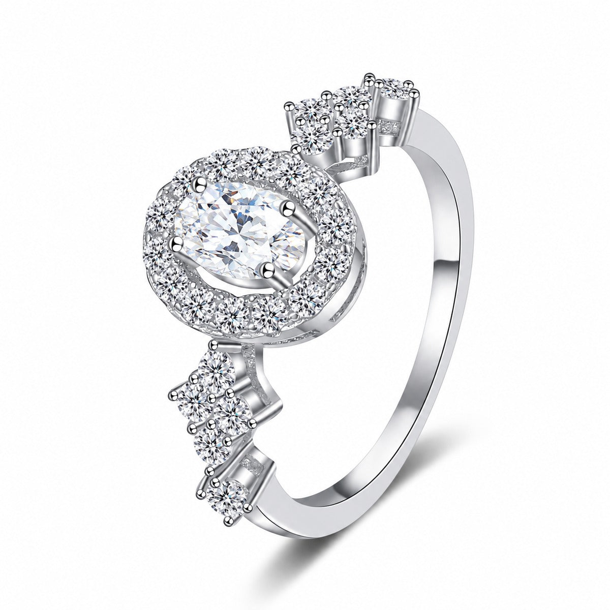 Blue and White Oval Moissanite Ring with CZ in Rhodium-Plated S925 Sterling Silver white background detail photo showing the stone setting and polished ring design