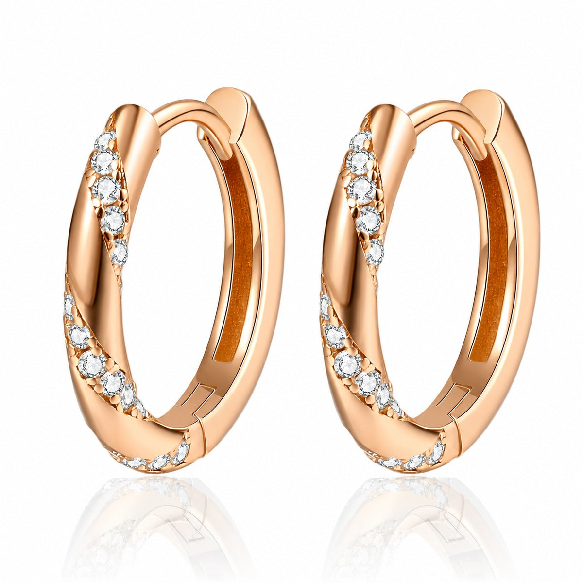 Pave Moissanite Hoop Earrings in Champion Gold-Plated S925 sterling silver white background product photo showing the pair, stone shape, and hoop earrings silhouette