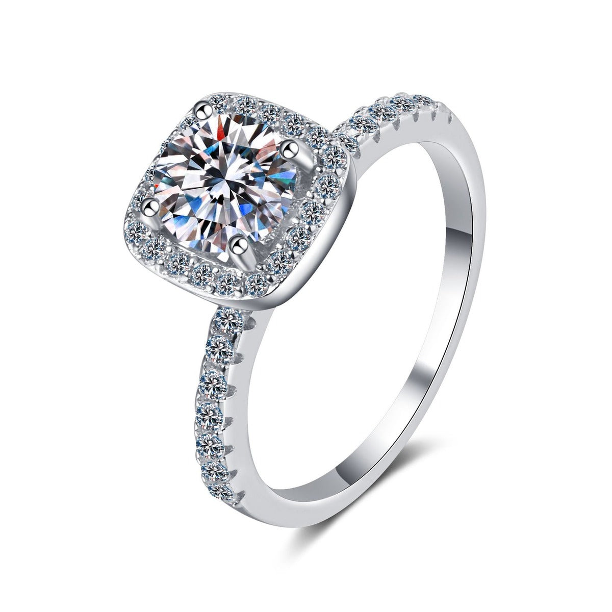 Cushion Halo Moissanite Ring with CZ in rhodium-plated S925 sterling silver on clean white background