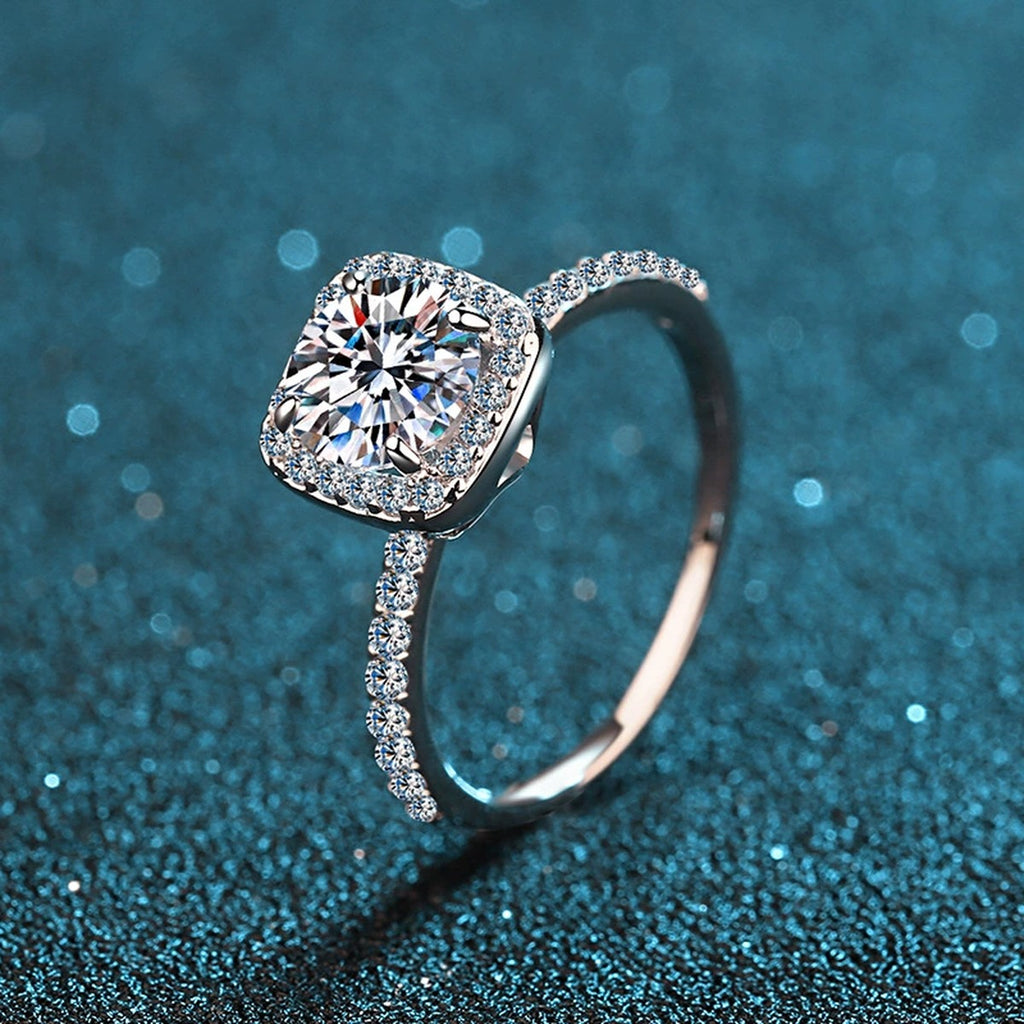 Cushion Halo Moissanite Ring with CZ product view showing moissanite setting and rhodium finish