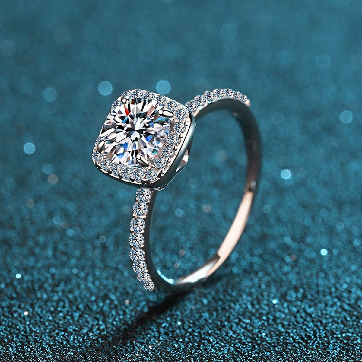 Cushion Halo Moissanite Ring with CZ product view showing moissanite setting and rhodium finish