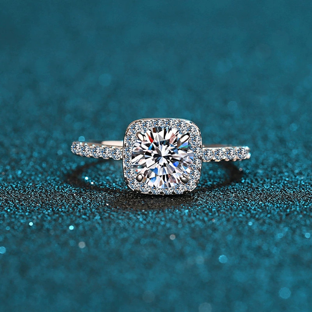 Cushion Halo Moissanite Ring with CZ product view showing moissanite setting and rhodium finish