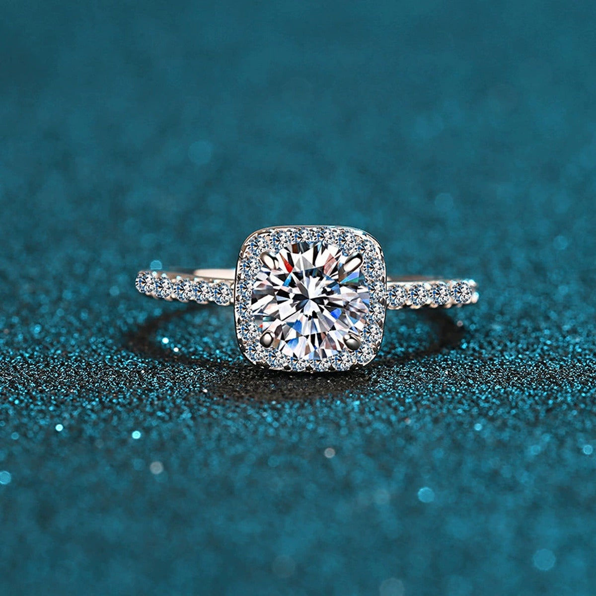 Cushion Halo Moissanite Ring with CZ product view showing moissanite setting and rhodium finish