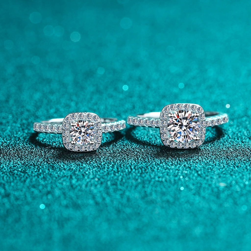 Cushion Halo Moissanite Ring with CZ product view showing moissanite setting and rhodium finish