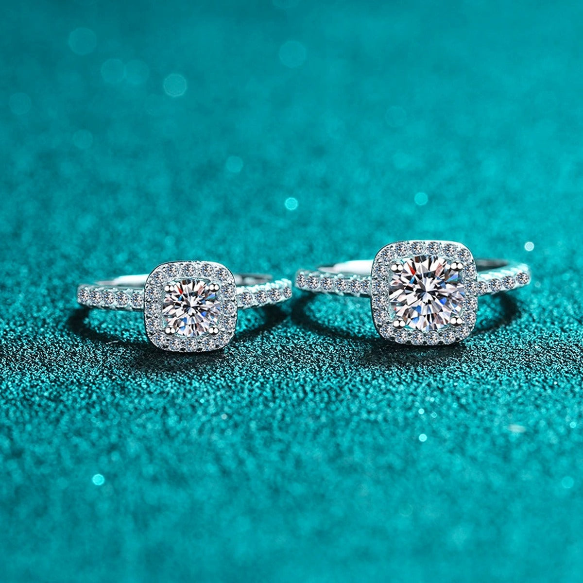 Cushion Halo Moissanite Ring with CZ product view showing moissanite setting and rhodium finish