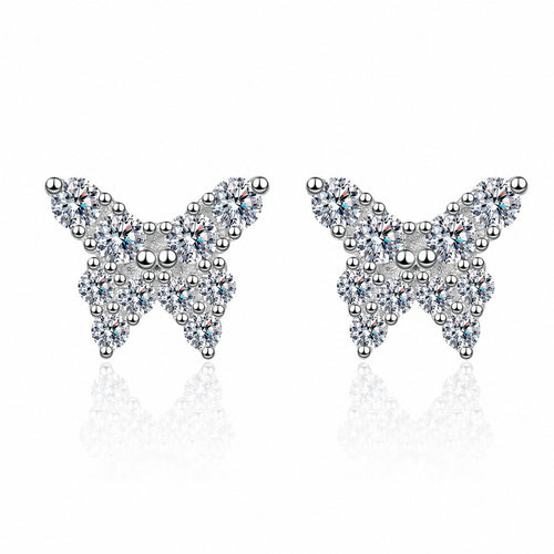 Butterfly Moissanite Stud Earrings in Rhodium-Plated S925 sterling silver white background product photo showing the pair, stone shape, and stud earrings silhouette