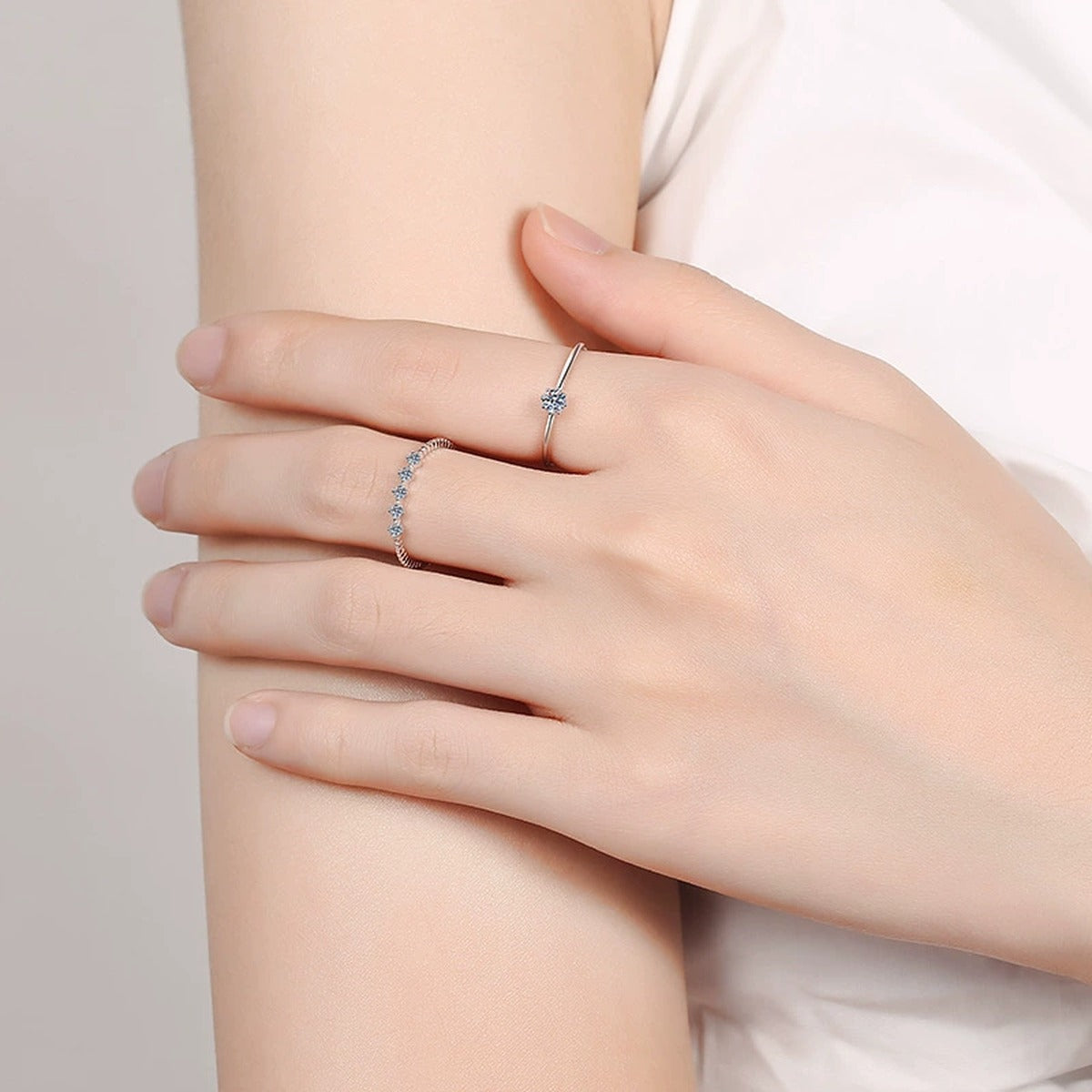 Stacked Moissanite Ring Set with CZ worn on hand to show scale and ring profile