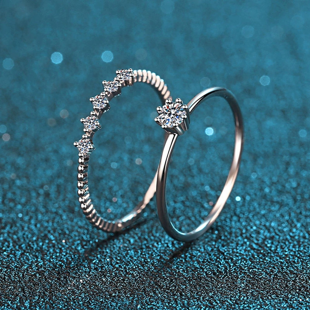 Stacked Moissanite Ring Set with CZ product view showing moissanite setting and rhodium finish