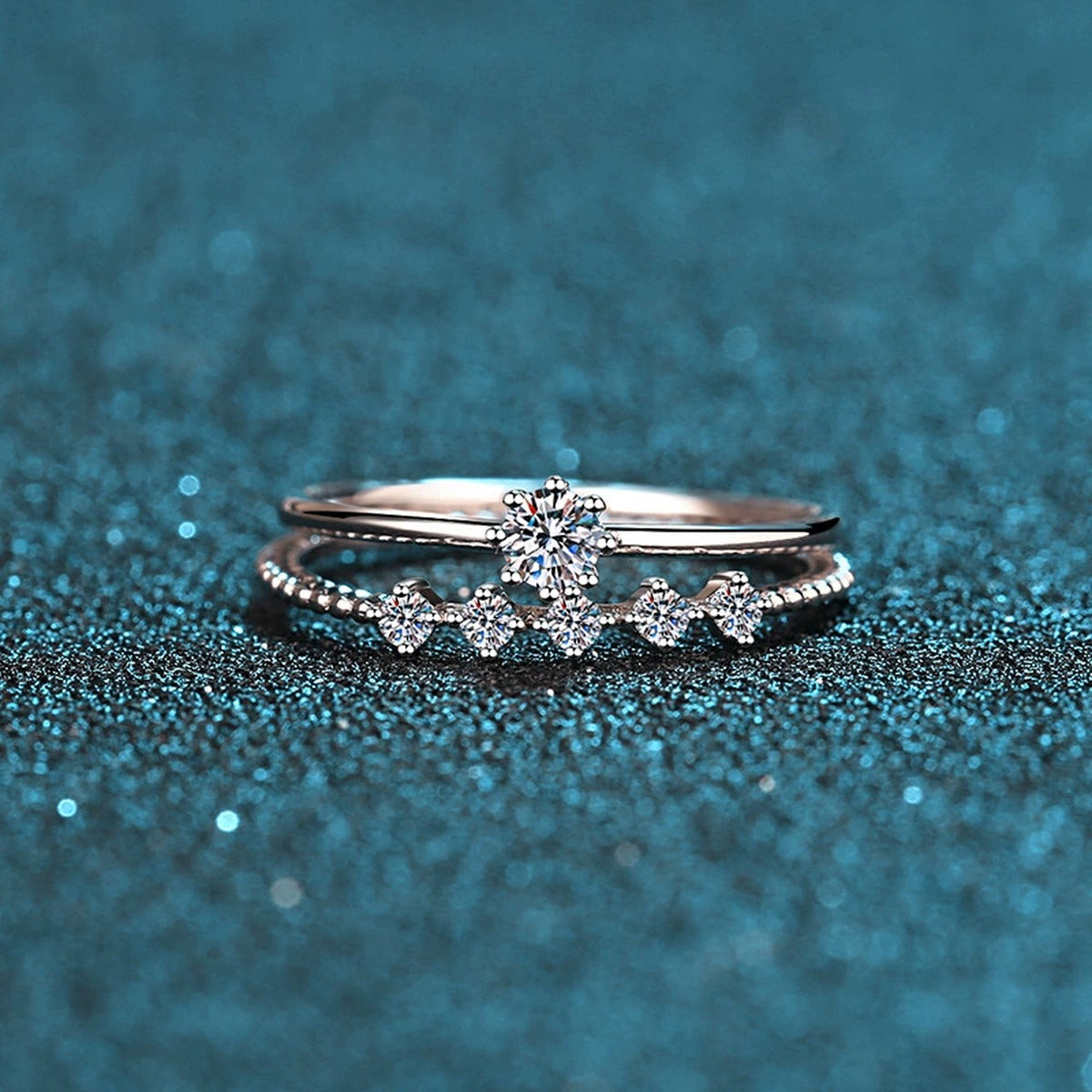 Stacked Moissanite Ring Set with CZ product view showing moissanite setting and rhodium finish