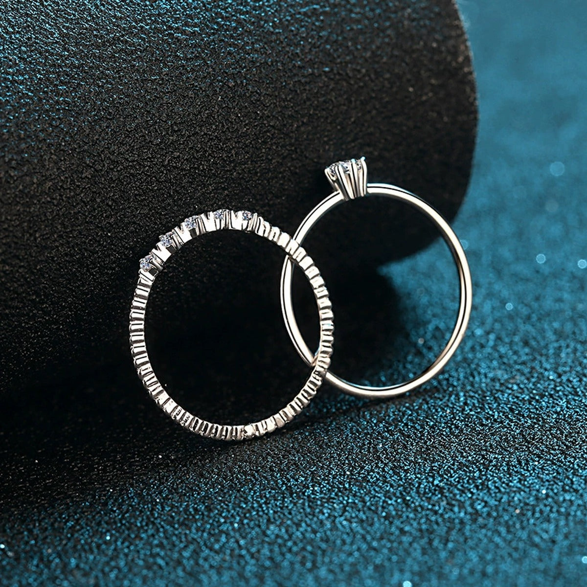 Stacked Moissanite Ring Set with CZ product view showing moissanite setting and rhodium finish