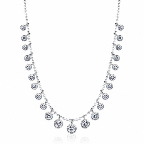 Bead Charm Moissanite Necklace in Rhodium-Plated S925 sterling silver white background product photo showing beaded charm necklace with graduated round moissanite stations