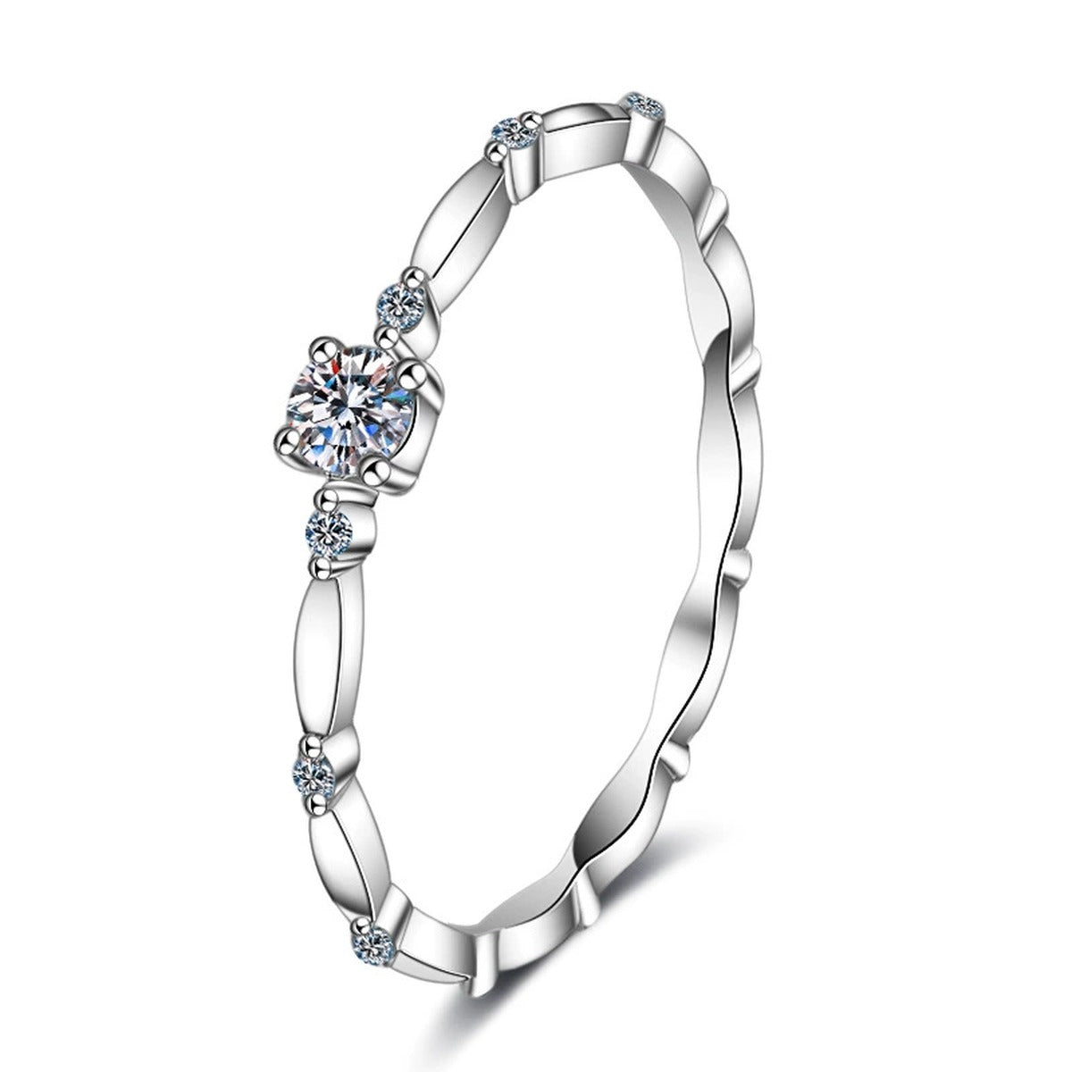 Twist Moissanite Band Ring with CZ in rhodium-plated S925 sterling silver on clean white background