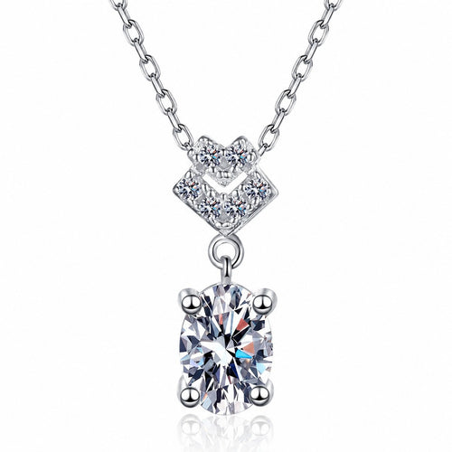 Bow Oval Moissanite Pendant Necklace in Rhodium-Plated S925 sterling silver white background product photo showing bow-accent pendant with an oval cut moissanite drop