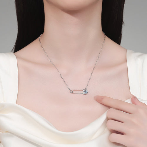 Bar Pin Round Moissanite Necklace in Rhodium-Plated S925 sterling silver neckline model view showing pendant scale and adjustable chain