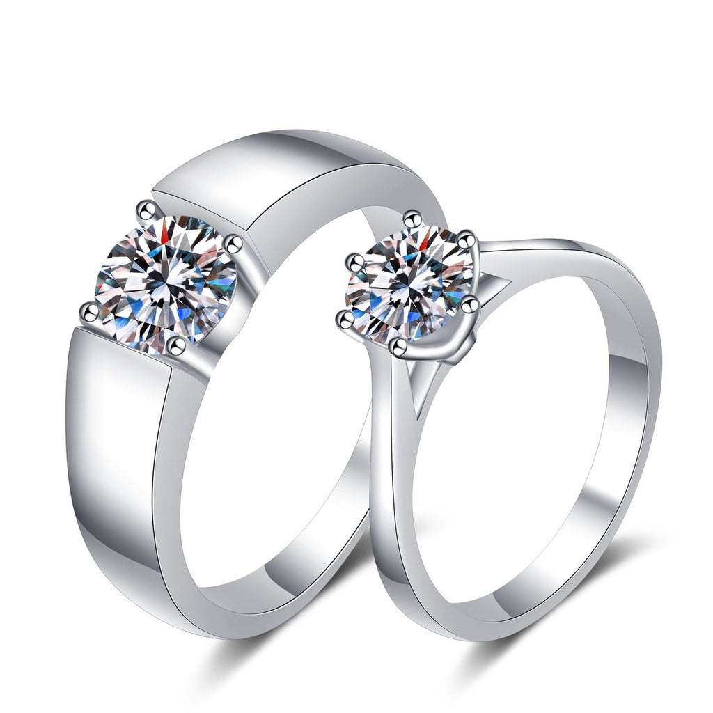Couples Moissanite Ring Set in rhodium-plated S925 sterling silver on clean white background