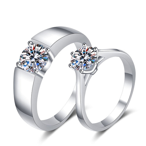 Couples Moissanite Ring Set in rhodium-plated S925 sterling silver on clean white background