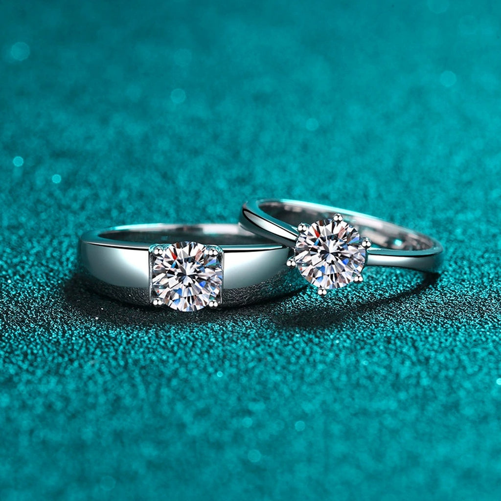 Couples Moissanite Ring Set product view showing moissanite setting and rhodium finish