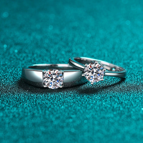 Couples Moissanite Ring Set product view showing moissanite setting and rhodium finish