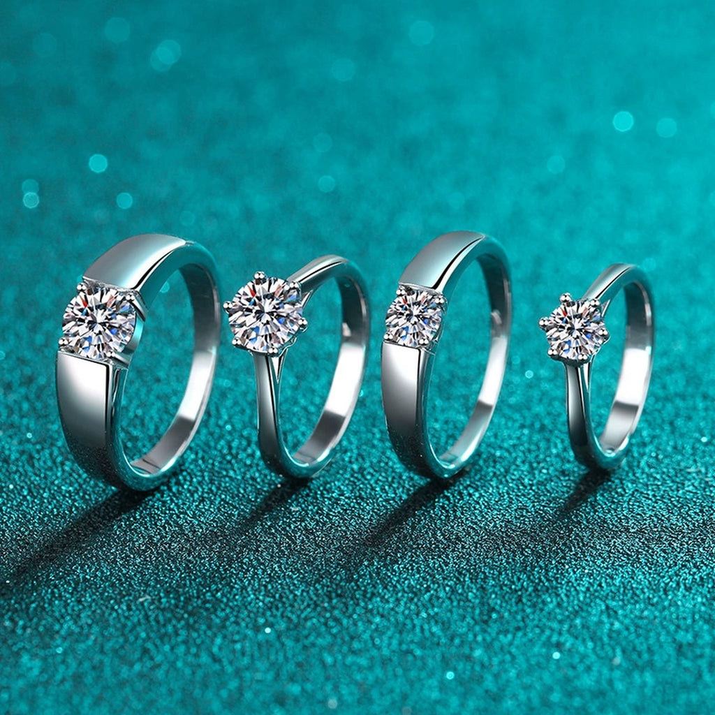 Couples Moissanite Ring Set product view showing moissanite setting and rhodium finish