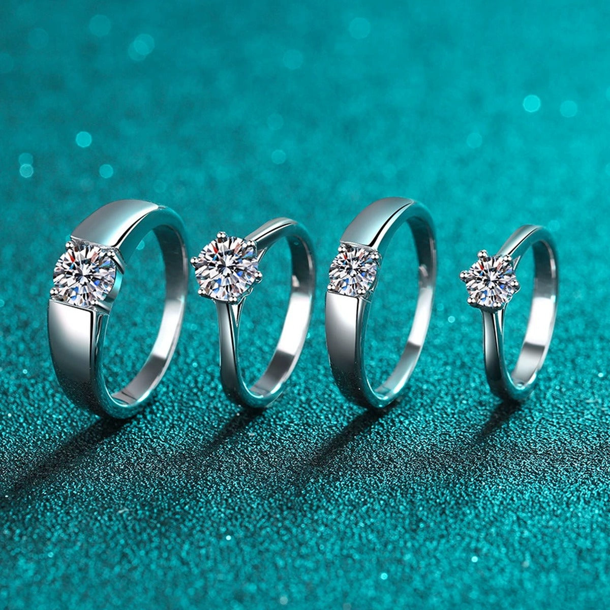 Couples Moissanite Ring Set product view showing moissanite setting and rhodium finish