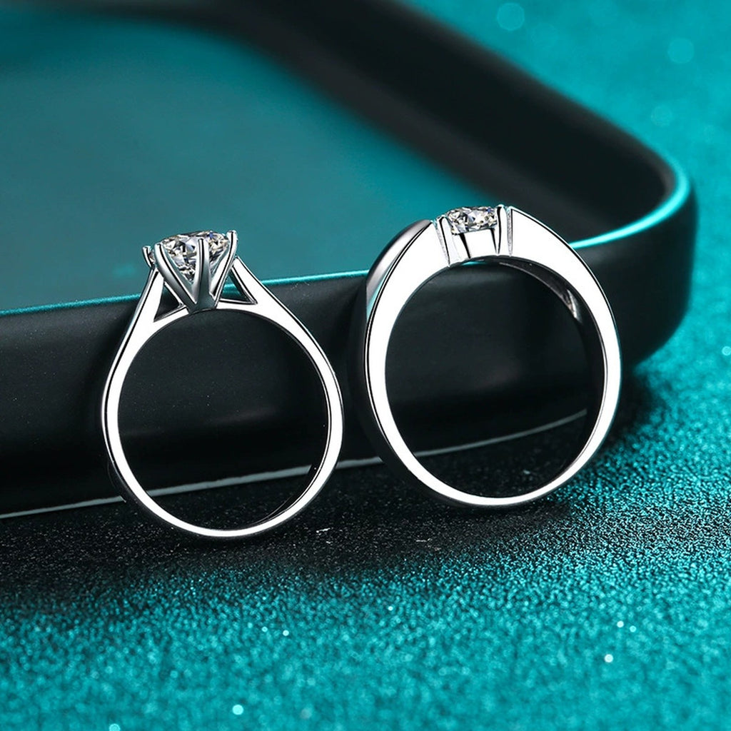 Couples Moissanite Ring Set product view showing moissanite setting and rhodium finish