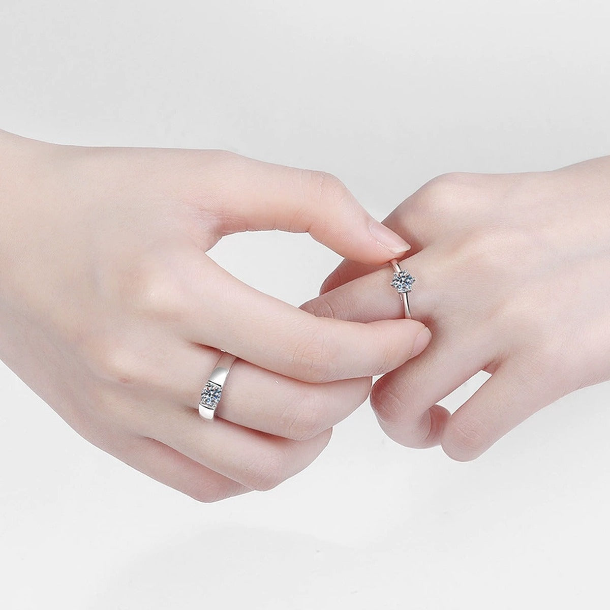 Couples Moissanite Ring Set in rhodium-plated S925 sterling silver on clean white background
