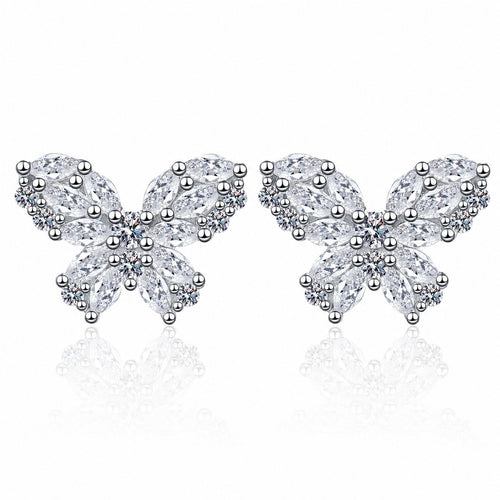 Butterfly Moissanite Stud Earrings in Rhodium-Plated S925 sterling silver white background product photo showing the pair, stone shape, and stud earrings silhouette