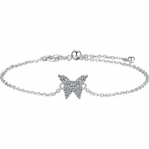 Butterfly Moissanite Chain Bracelet in Rhodium-Plated S925 sterling silver white background product photo showing bracelet shape and moissanite setting