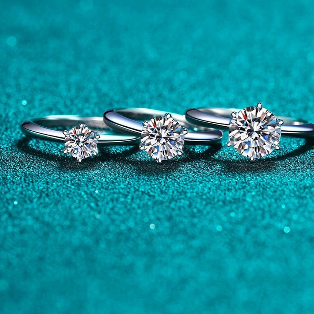 Round Moissanite Solitaire Ring product view showing moissanite setting and rhodium finish