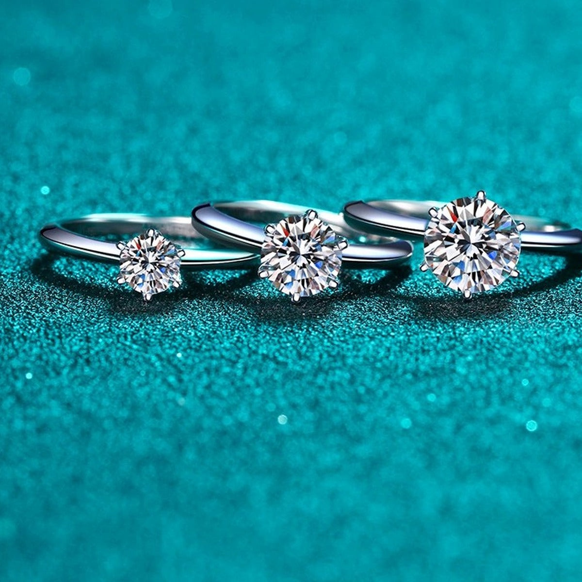 Round Moissanite Solitaire Ring product view showing moissanite setting and rhodium finish