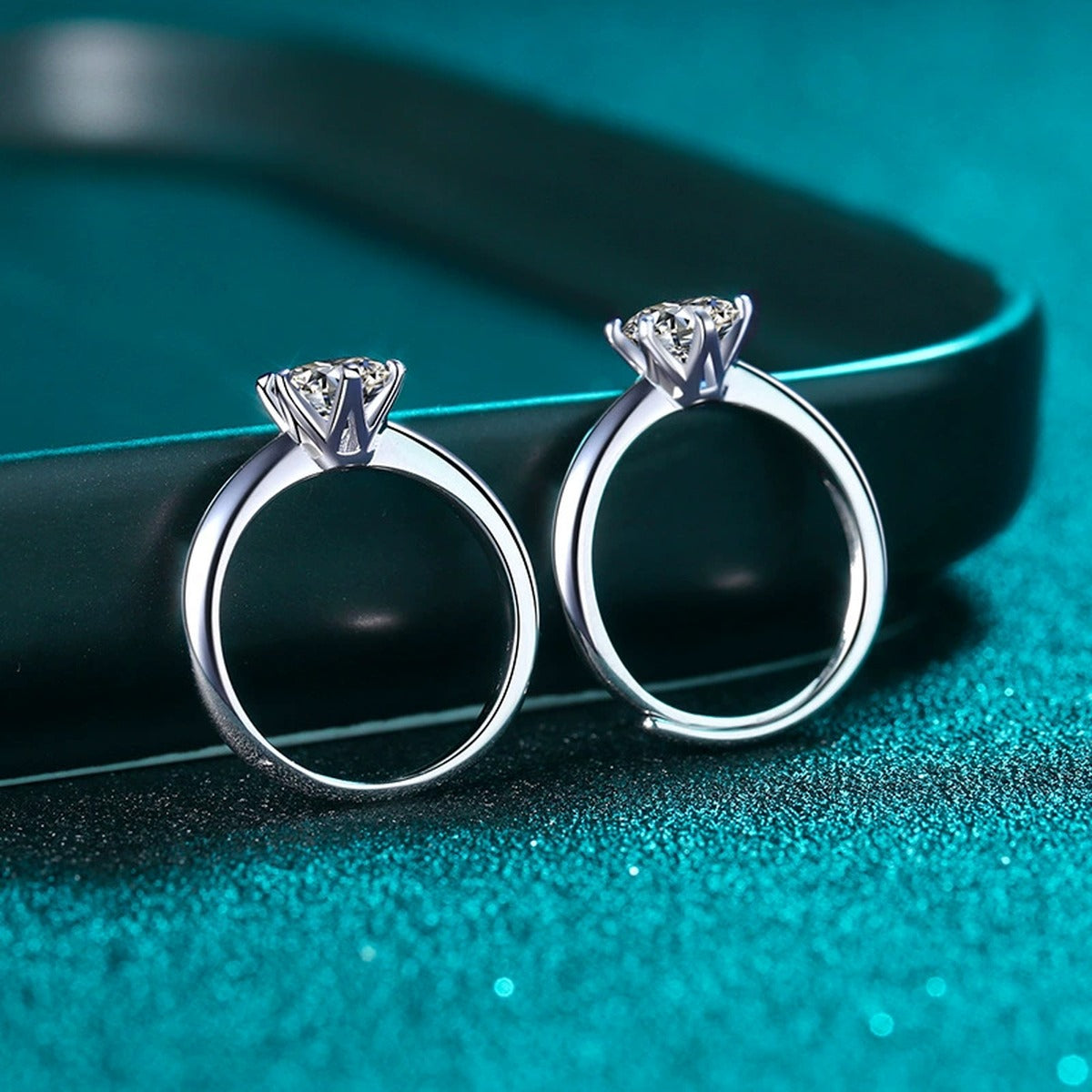 Round Moissanite Solitaire Ring product view showing moissanite setting and rhodium finish