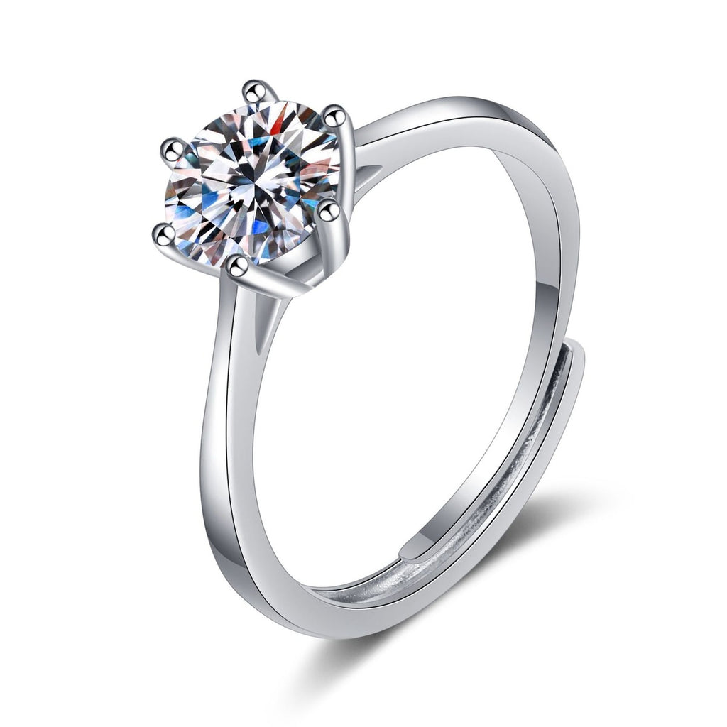 Round Moissanite Solitaire Ring in rhodium-plated S925 sterling silver on clean white background