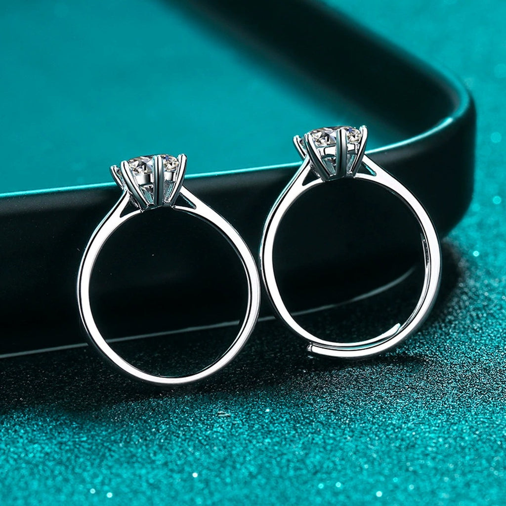 Round Moissanite Solitaire Ring product view showing moissanite setting and rhodium finish