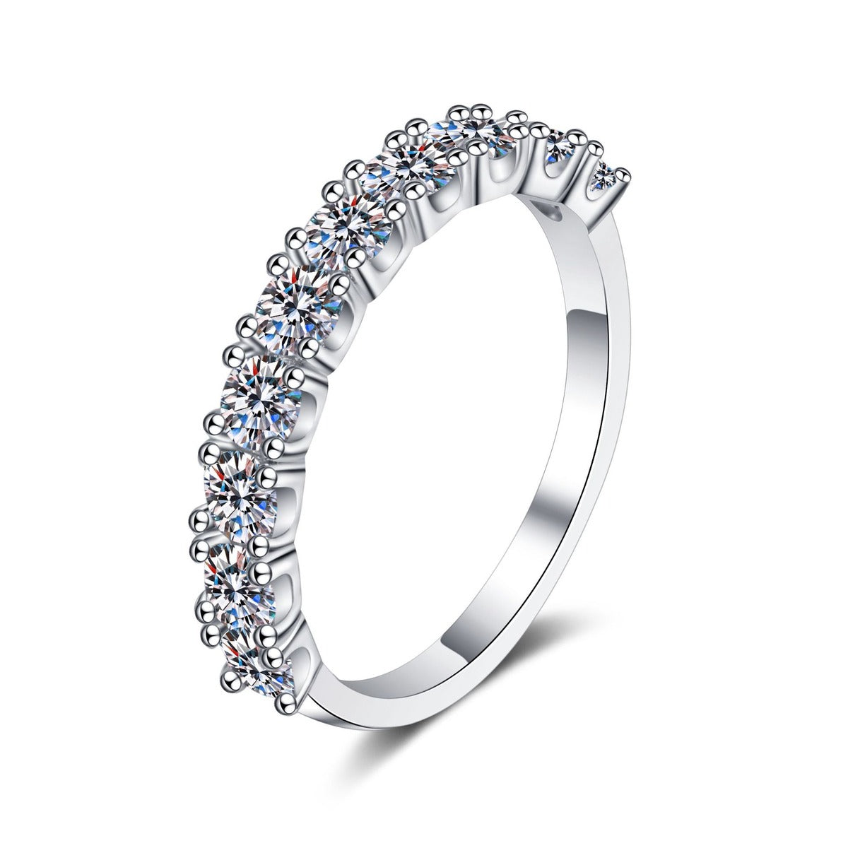 Pave Moissanite Band Ring in rhodium-plated S925 sterling silver on clean white background