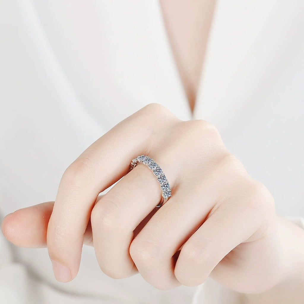 Pave Moissanite Band Ring worn on hand to show scale and ring profile