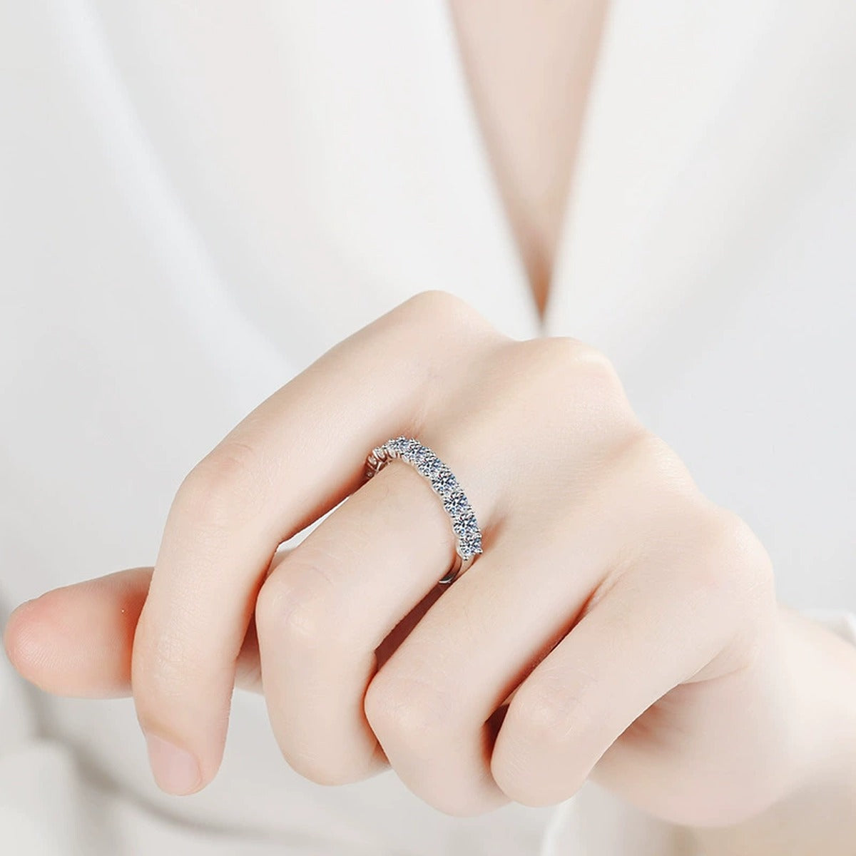 Pave Moissanite Band Ring worn on hand to show scale and ring profile
