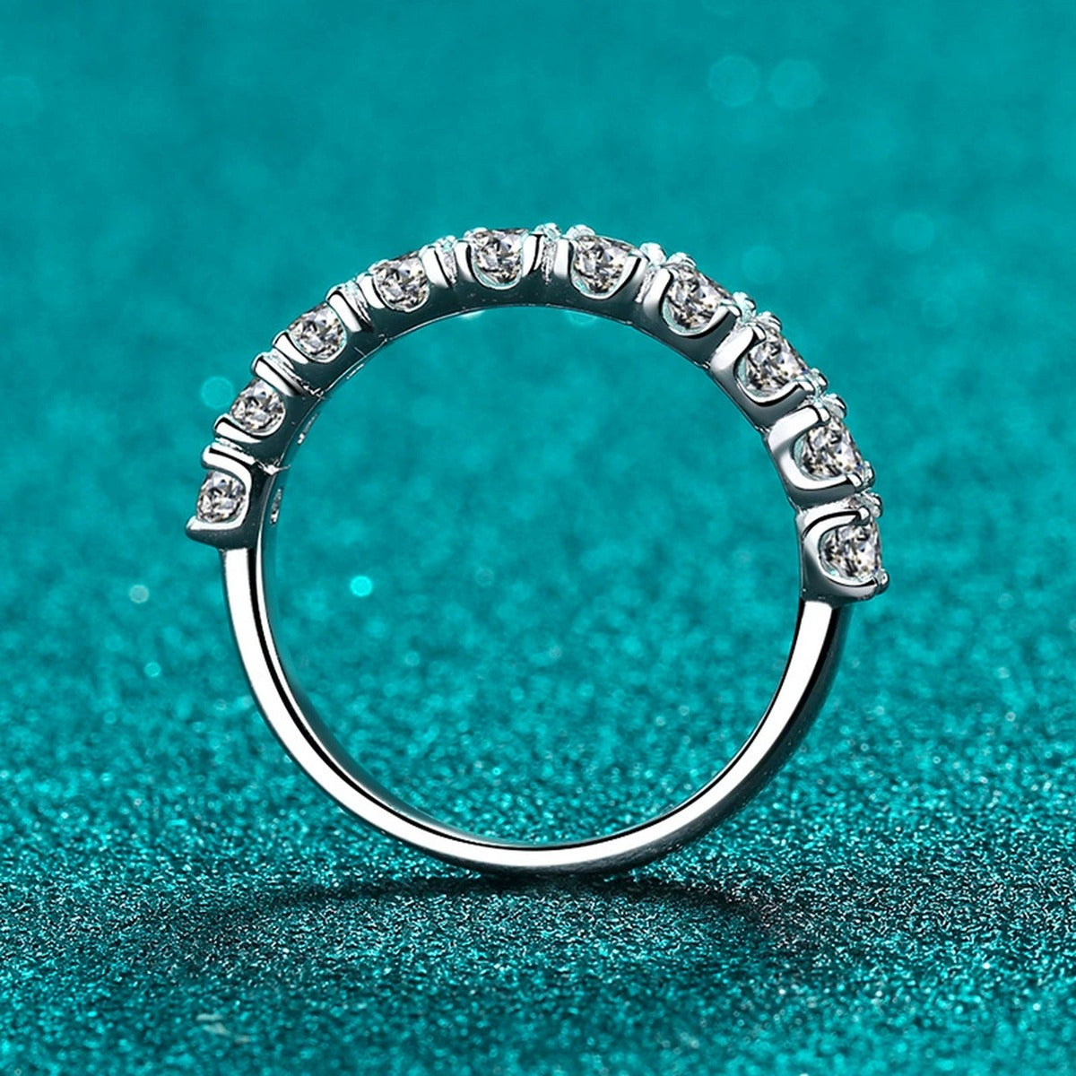 Pave Moissanite Band Ring product view showing moissanite setting and rhodium finish
