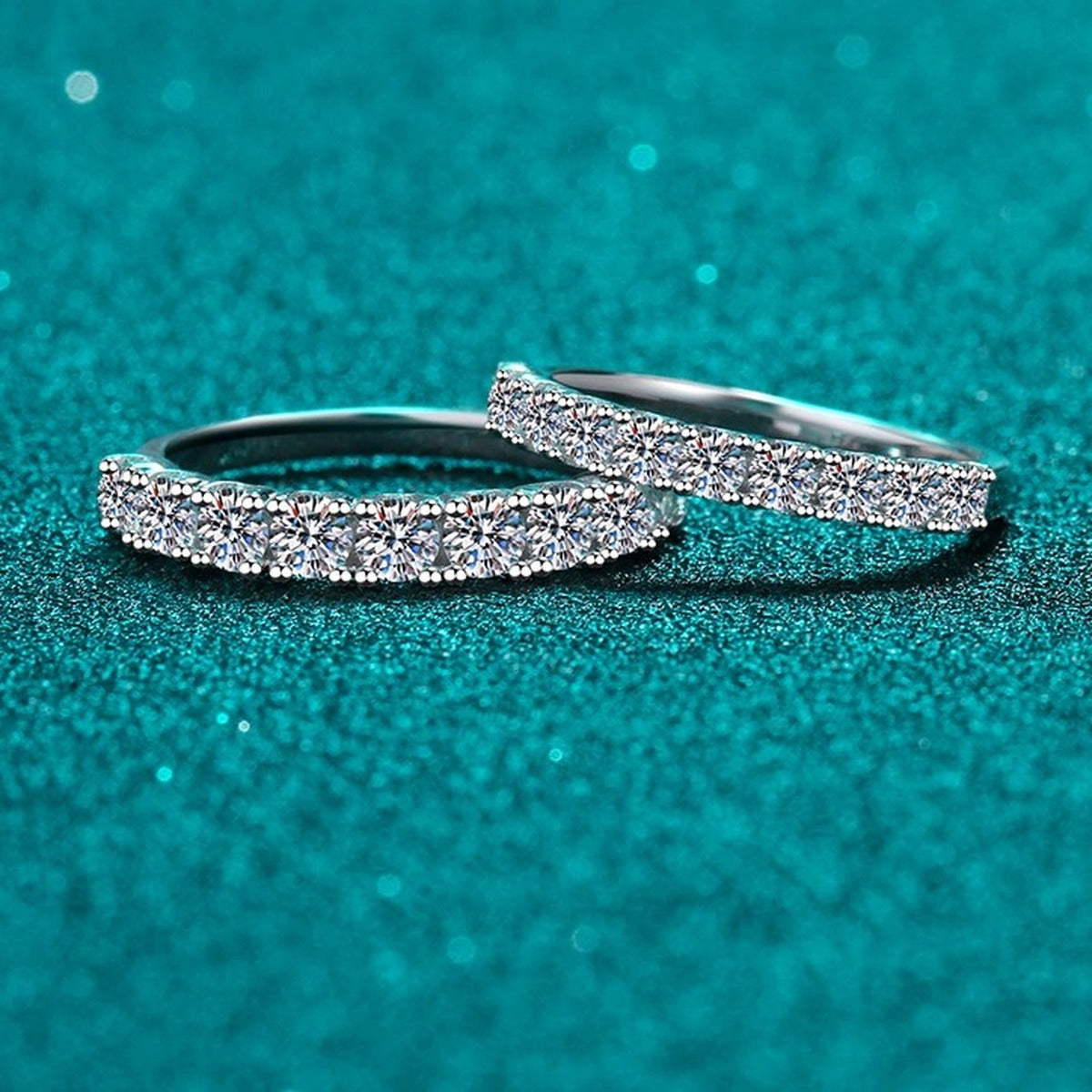 Pave Moissanite Band Ring product view showing moissanite setting and rhodium finish