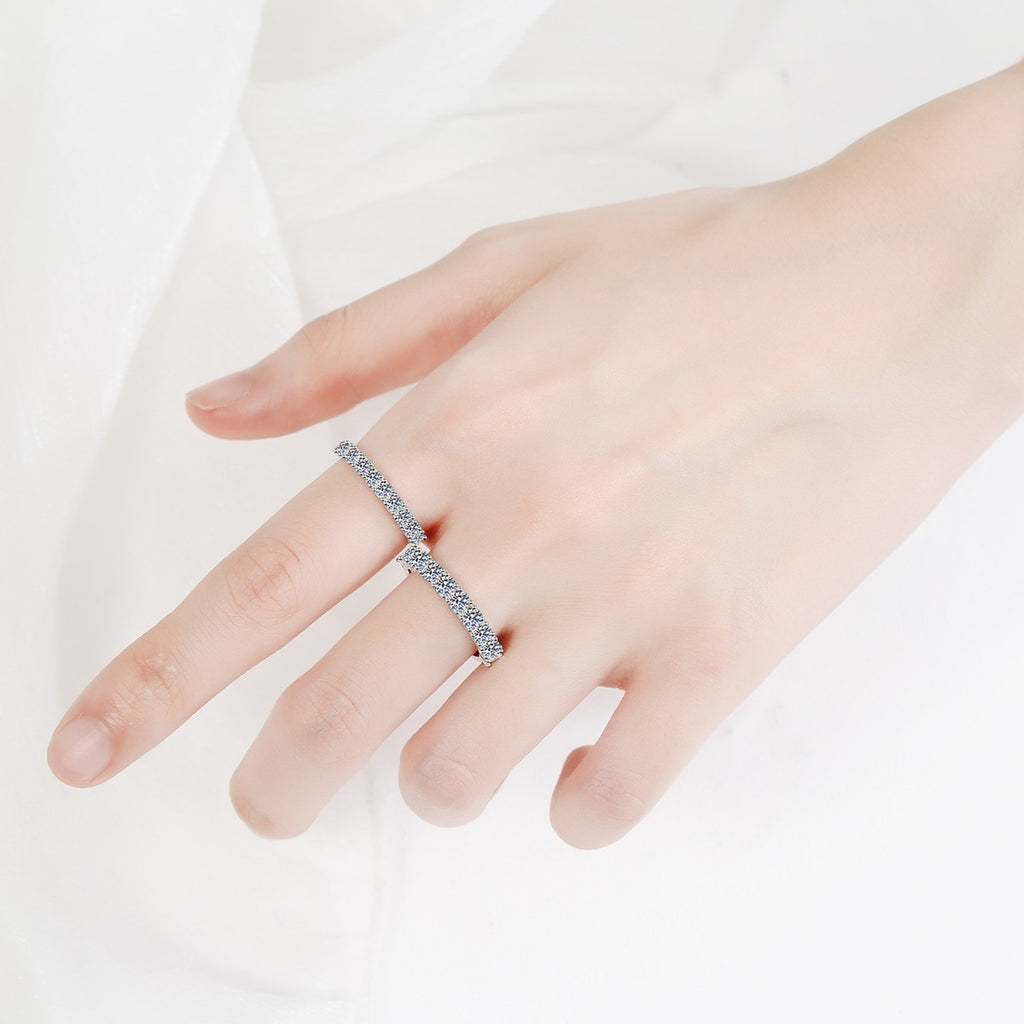 Pave Moissanite Band Ring worn on hand to show scale and ring profile