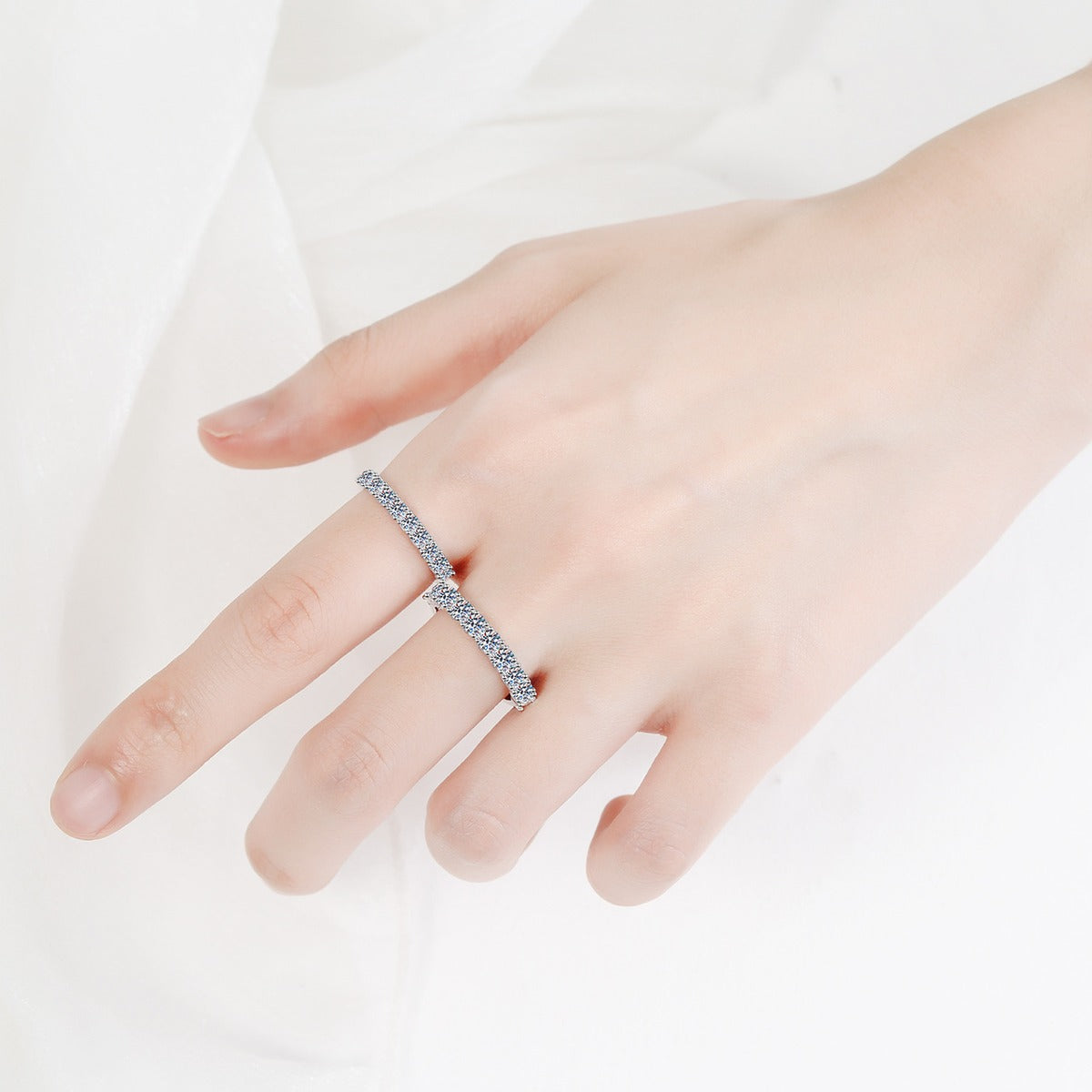 Pave Moissanite Band Ring worn on hand to show scale and ring profile