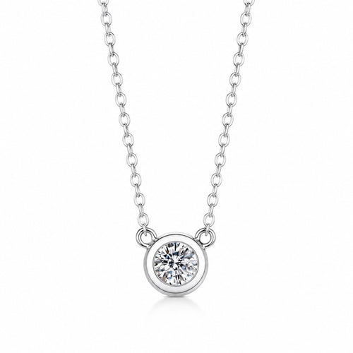 Bezel Solitaire Moissanite Necklace in Rhodium-Plated S925 sterling silver on white background showing pendant shape and round moissanite