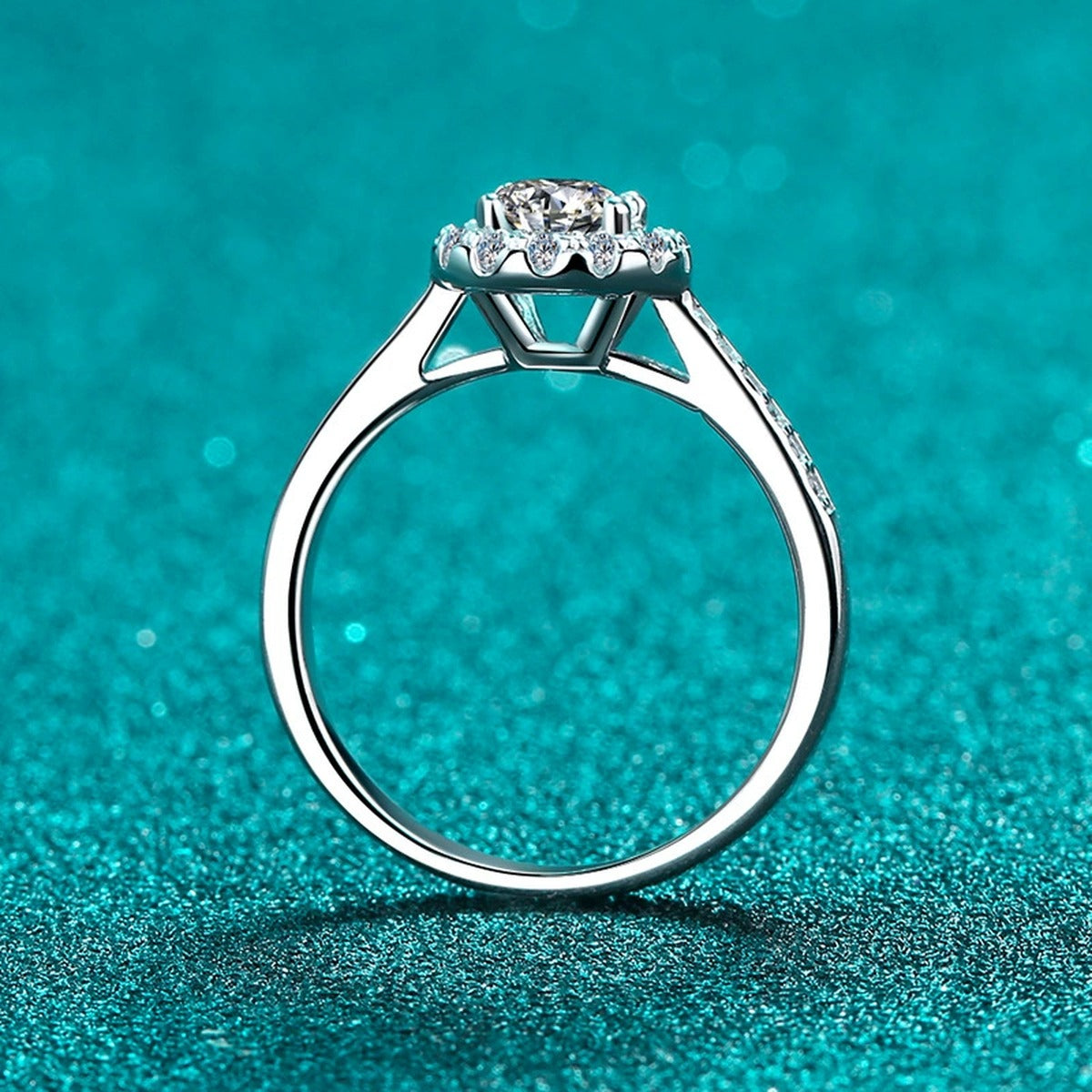 Round Halo Moissanite Ring with CZ product view showing moissanite setting and rhodium finish