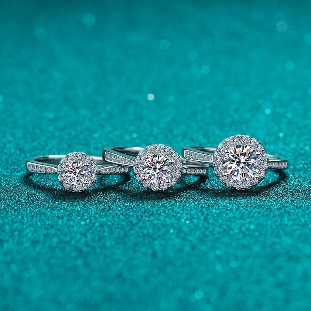 Round Halo Moissanite Ring with CZ product view showing moissanite setting and rhodium finish