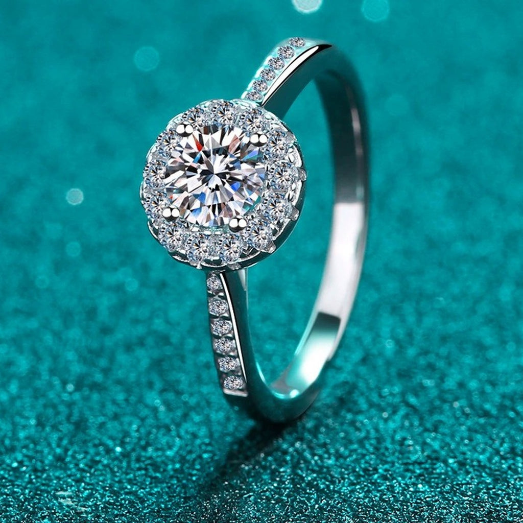 Round Halo Moissanite Ring with CZ product view showing moissanite setting and rhodium finish